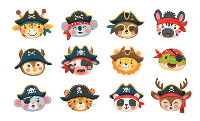 Cartoon animal pirates, filibusters, corsairs and captain sailor characters, vector funny faces. Caribbean pirates of zoo animals in tricorne hat with Jolly Roger skull crossbones or corsair eyepatch