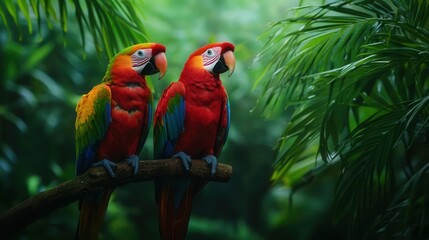 Obraz premium Tropical rainforest canopy with vibrant birds perched on branches, wildlife below moving quietly