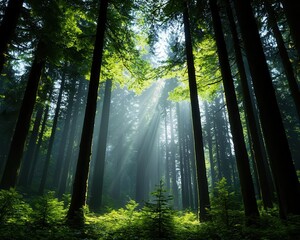 Misty forest with towering trees, sunlight breaking through the canopy, wildlife peeking through the underbrush