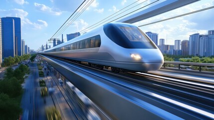 High-speed train traveling on an elevated track in a city