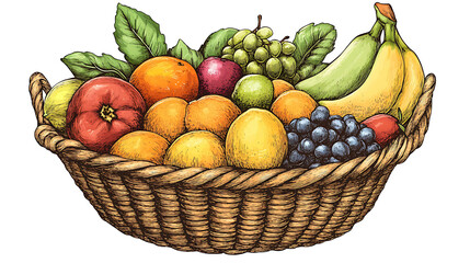 A hand-drawn illustration of a wicker basket overflowing with a colorful variety of fresh fruits.