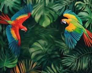 Obraz premium Tropical canopy with vibrant birds flying, wildlife below thriving, a peaceful and lush nature scene