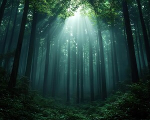 Obraz premium Misty forest with towering trees, sunlight breaking through the canopy, wildlife peeking through the underbrush