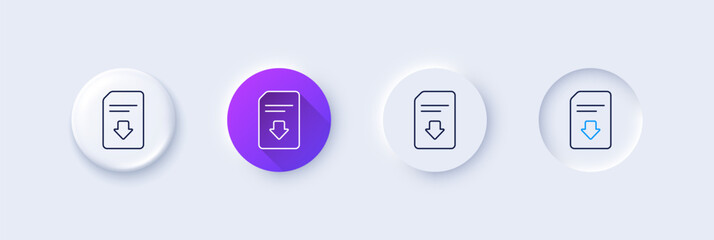 Download Document line icon. Neumorphic, Purple gradient, 3d pin buttons. Information File sign. Paper page concept symbol. Line icons. Neumorphic buttons with outline signs. Vector
