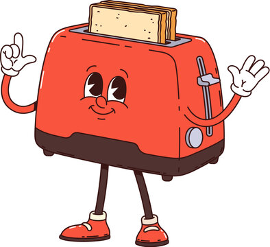 Toaster retro groovy breakfast character with a smiling face, fried toast slice popping out and red color, pointing with a hand. Isolated cartoon vector toaster nostalgic kitchen appliance personage