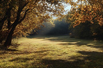 Sunlight streaming through trees in an autumnal forest clearing