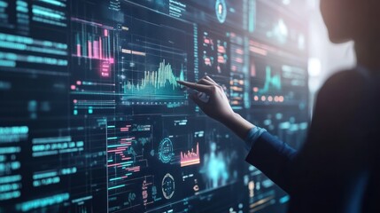 Obraz premium Person Interacting with a Screen Displaying Charts and Data