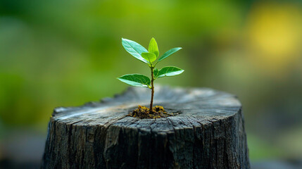 A young plant grows from a tree stump, symbolizing renewal and resilience in nature, Młoda sadzonka wyrastająca z starego, obumarłego pnia drzewa.