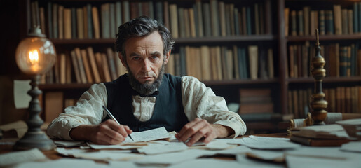 Abraham Lincoln, 16th President of the United States, sitting at a desk covered in papers, writing. Historical scene.
