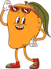 Cartoon groovy mango fruit character sporting stylish sunglasses and red sneakers. Isolated cartoon vector whimsical and funny tropical fruit personage exudes coolness and retro fun-loving hippie vibe