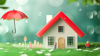 A miniature house with a red roof and an umbrella floating above it.