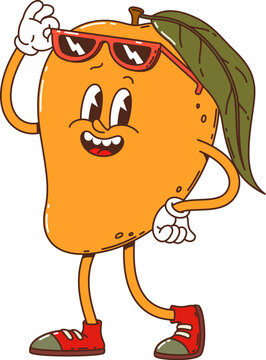 Naklejki Cartoon groovy mango fruit character sporting stylish sunglasses and red sneakers. Isolated cartoon vector whimsical and funny tropical fruit personage exudes coolness and retro fun-loving hippie vibe