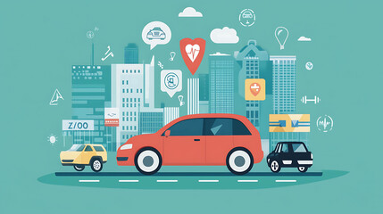 A red car drives through a city with several other cars, buildings, and icons.