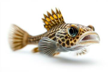 Obraz premium Close up of a Brown and Yellow Spotted Fish with Open Mouth on White Background