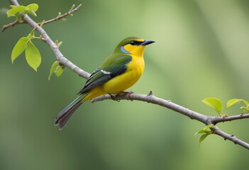 Fototapeta premium A bird with a long beak perched on a branch against a blurred green background