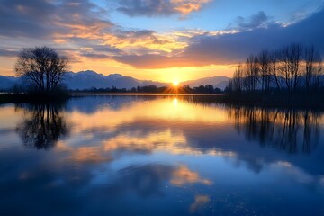 Fototapeta premium Sunset over calm lake with reflections in water. Beautiful serene nature scene, idyllic landscape.