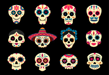 Mexican calavera sugar skulls, day of the dead holiday. Dia de los muertos funny characters. Cartoon vector set of human craniums adorned with sombrero and floral pattern. Traditional festival symbols