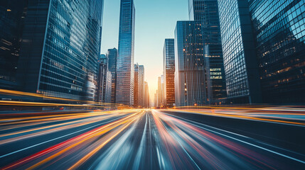 Obraz premium A city street with a lot of traffic and a bright blue sky, Light trails on the modern building background. Light trails at night.