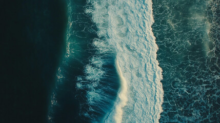 Topdown aerial shot of waves building up and breaking as they hit the shore, Drone view. Beautiful Winding Winter River.