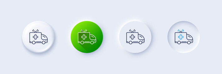 Ambulance car line icon. Neumorphic, Green gradient, 3d pin buttons. Medical emergency transport sign. Line icons. Neumorphic buttons with outline signs. Vector