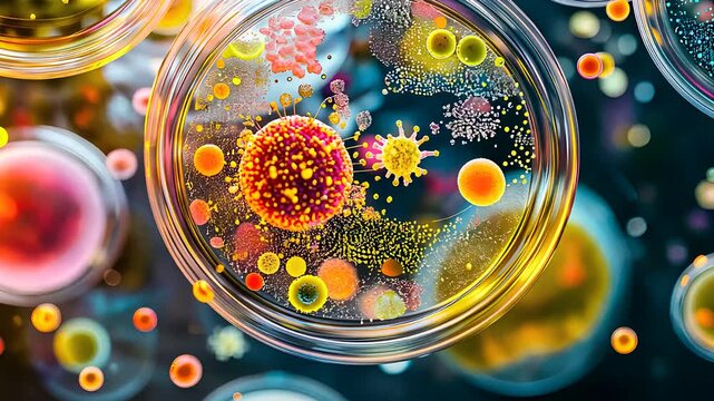 Colorful petri dishes with various microorganisms under a microscope, depicting microbial activity, cellular biology, and scientific research.

