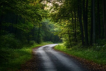 Fototapeta premium Curvy road through lush green forest with sunlight streaming through the trees