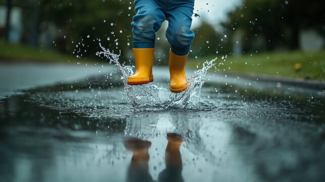 Child jumping in a puddle with yellow rain boots on a rainy day