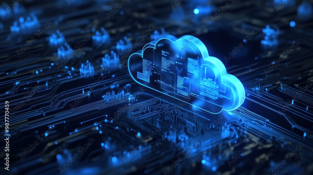 Poster glowing cloud computing symbol over circuit board