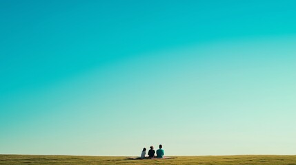 Three people sitting together in a vast open landscape under a clear blue sky