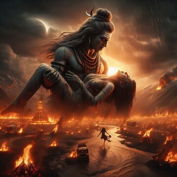 Lord Shiva mourns with Sati's lifeless body, surrounded by fiery devastation.