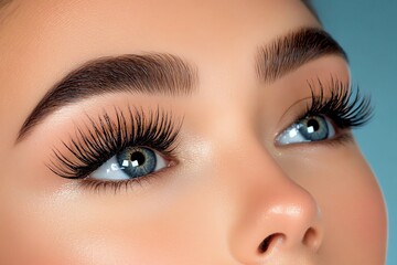 Obraz premium A close-up of a woman's eyes, with voluminous lashes and expertly applied mascara
