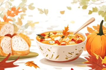 a delectable national chicken soup for the soul day scene featuring a bowl of chicken soup, autumn leaves, and a cozy fall-themed dining table illustration