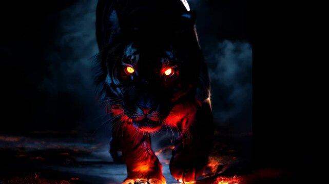 evil tiger  in the night stepping on fire