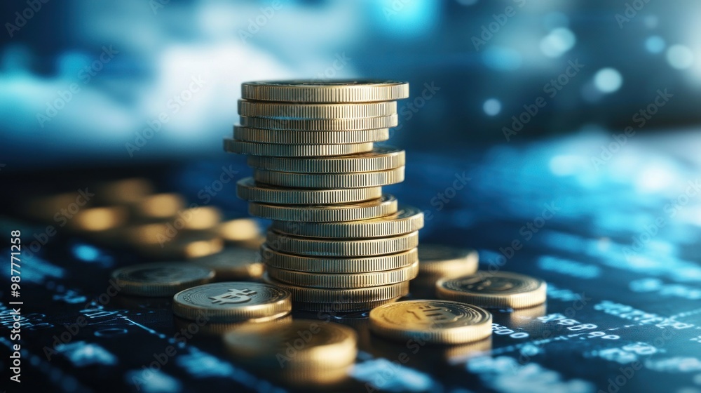 Poster stack of bitcoin coins on a digital display