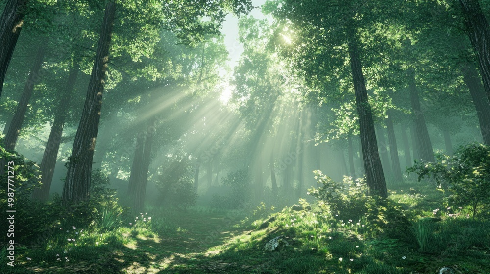 Wall mural Sunbeams Filtering Through a Foggy Forest Path