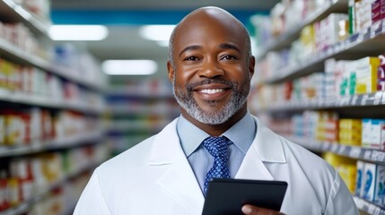 Elderly african american man pharmacist in white coat smiling while using a digital tablet in a brightly lit pharmacy