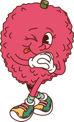 Cartoon groovy lychee fruit character sticking tongue, winking and clasping its hands, showcasing a mischievous and fun mood. Isolated vector tropical fruit with expressive eyes, gloves and sneakers