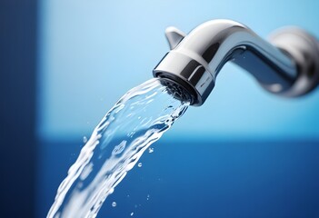 A close-up view of a faucet with running water against a blurred blue background, creating a sense of freshness and cleanliness