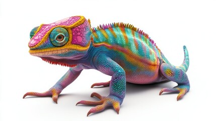 A vibrant chameleon with iridescent scales and a long tail.