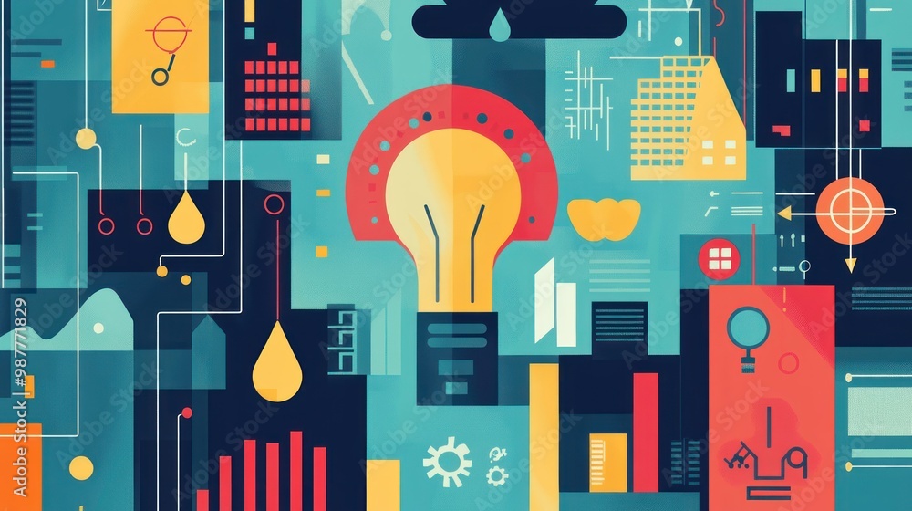 Poster abstract geometric composition with a lightbulb and droplets