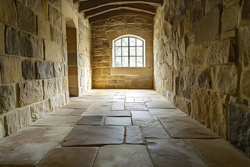 Fototapeta premium Stone hallway with arched window and wooden beams. Architecture, interior design, and building concept.
