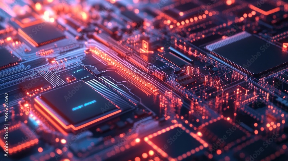 Poster a close-up of a circuit board with glowing components, showcasing technology and design.