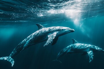 Fototapeta premium Group of dolphins swimming in deep blue ocean water with sunlight shining through the surface.