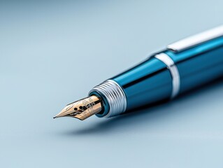 Blue Fountain Pen Closeup with Gold Nib on Blue Background