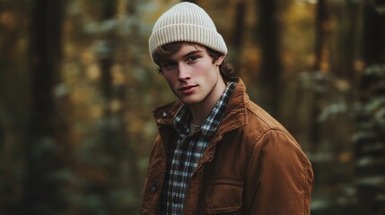 A portrait of a young white man posing in the woods dressed in autumn clothes: brown jacket, checkered canadian style shirt, off-white beanie, looking at the lens 