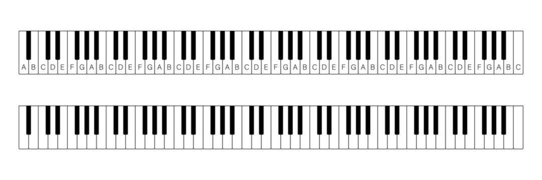 Grand piano full keyboard sheet isolated black and white in 2 variations. Vector illustration in flat style