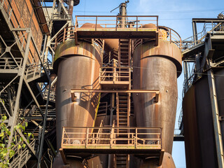 Part of the abandoned coal and steel production plant in Landschaftspark Duisburg-Nord. The landscape park Duisburg-Nord is a public park around a disused iron and steel works in Duisburg, Germany.