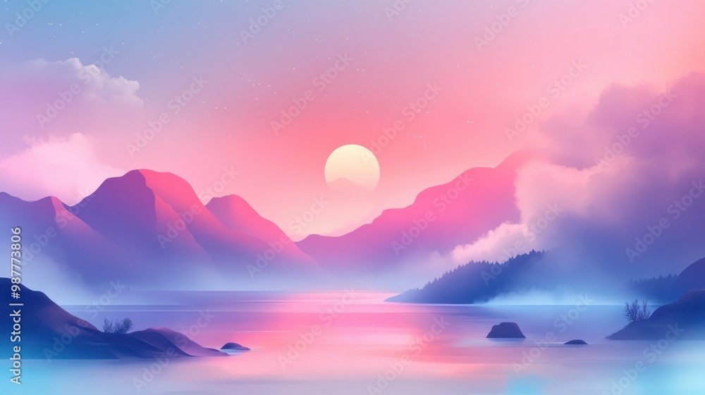 Wall mural Pastel Mountains Reflecting in a Still Lake at Sunset