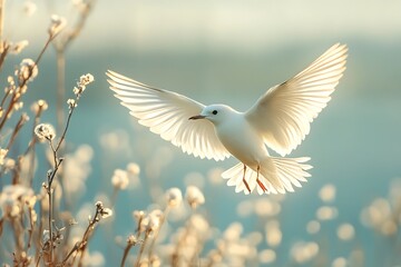 Obraz premium White dove flying in a blue sky with soft light on the wings and a blurred background of white flowers