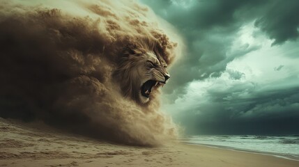 Roaring Lion Emerging from Sandstorm on Beach